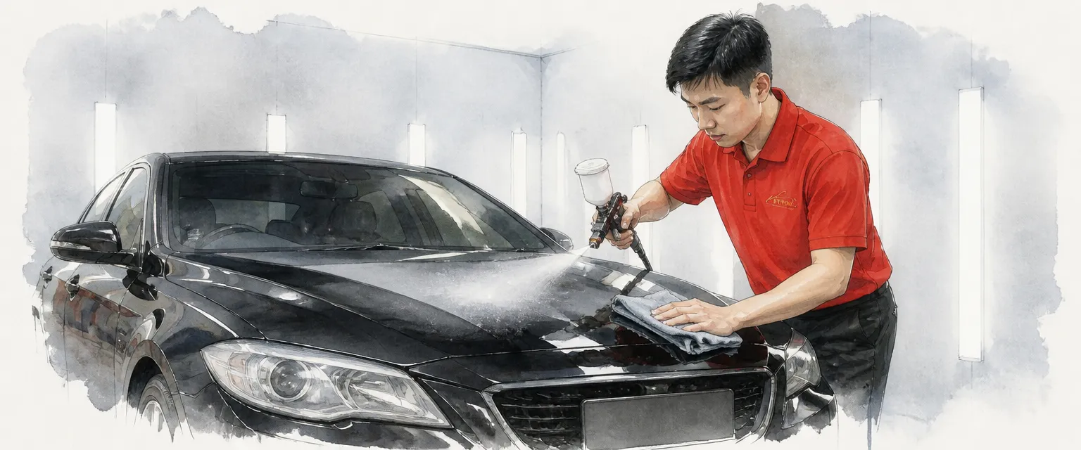 Watercolour illustration of a technician in a red polo shirt wiping a misted black bonnet with a fresh microfibre cloth.