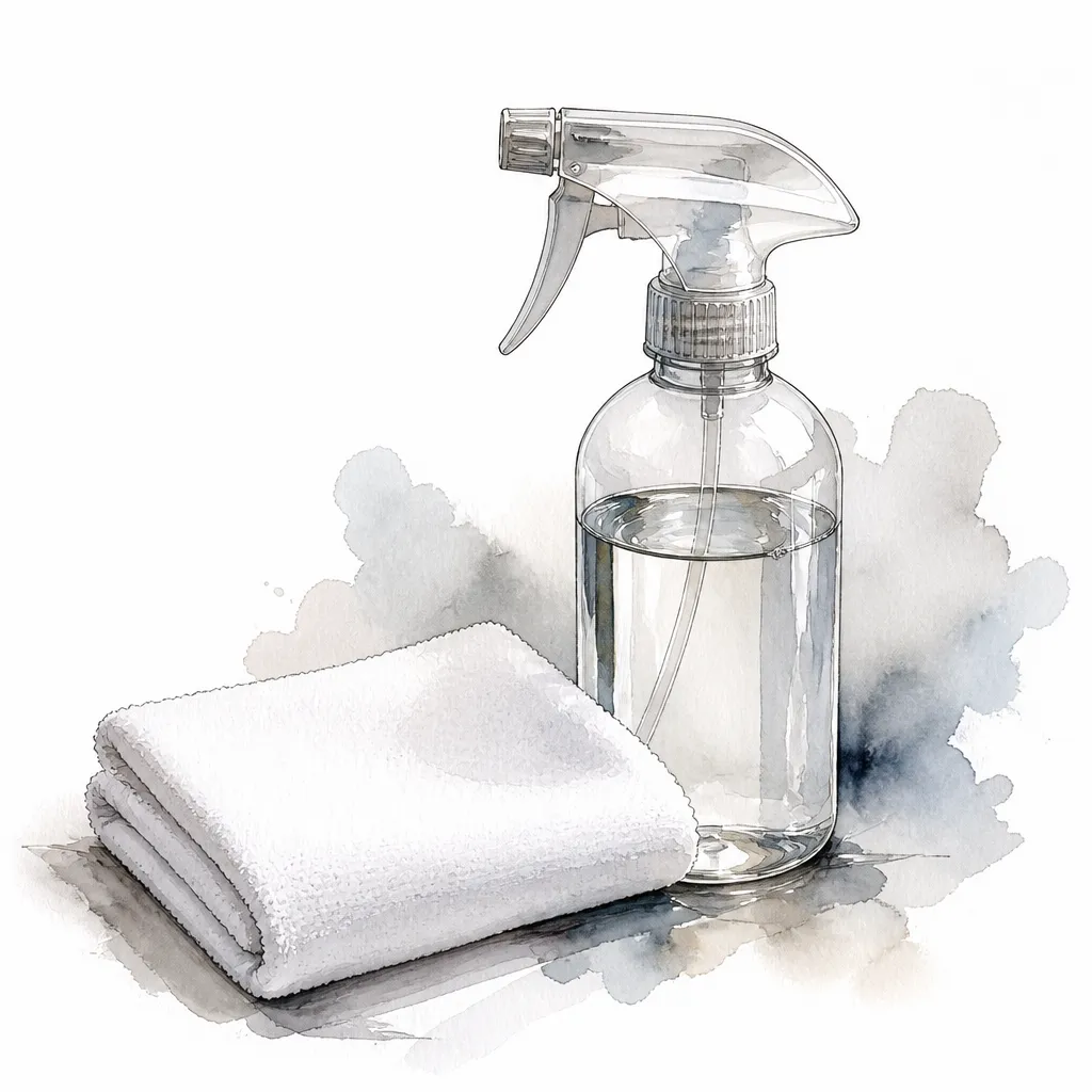 Watercolour close-up of a spray bottle of clear liquid beside a folded white microfibre cloth.