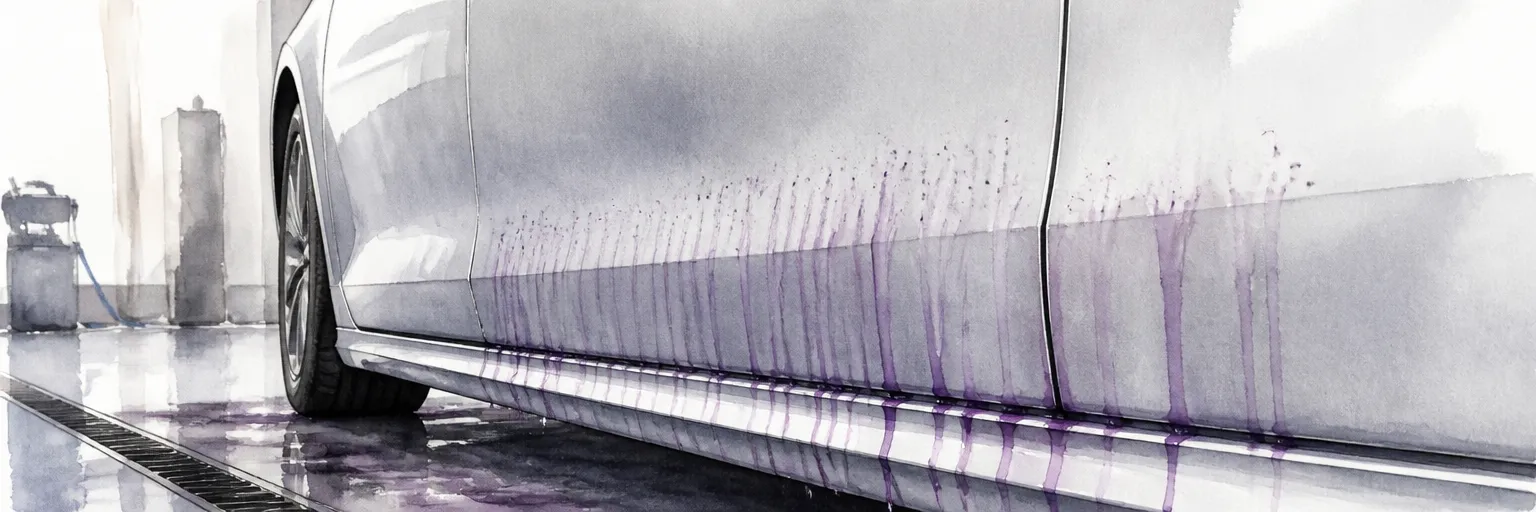 Watercolour close-up of purple iron remover rivulets bleeding down a pale silver door panel.