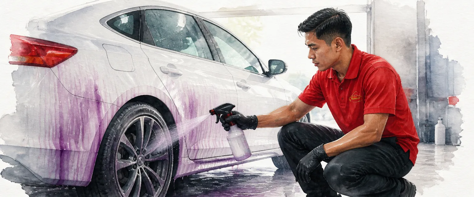 Watercolour illustration of a technician in a red polo shirt spraying iron remover that bleeds purple down a white saloon.