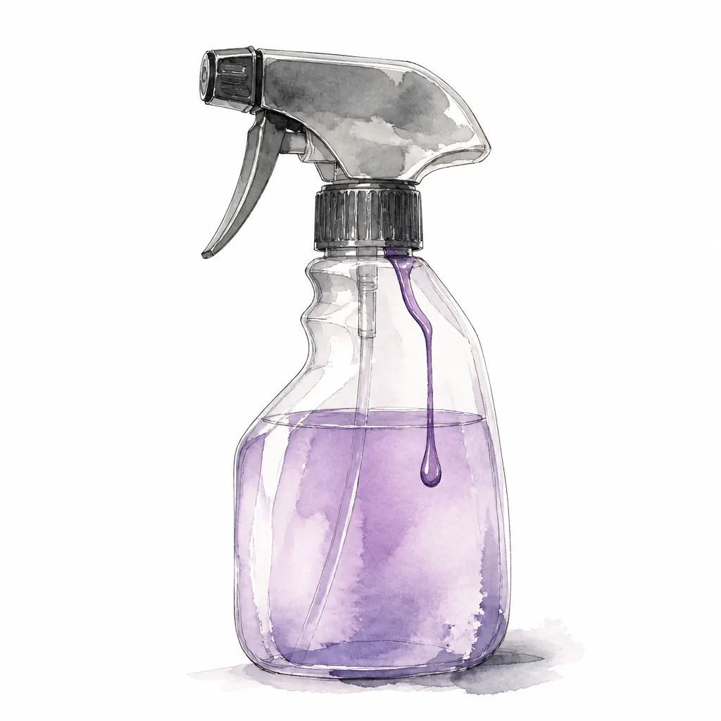 Watercolour close-up of a spray bottle of violet iron remover with a purple drip on its side.
