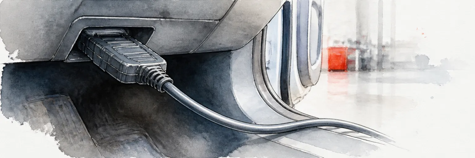 Watercolour close-up of a diagnostic connector plugged in beneath a dashboard with its cable trailing.