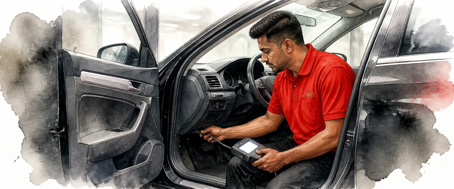 Watercolour illustration of a technician in a red polo shirt connecting a diagnostic handset beneath a car's dashboard.