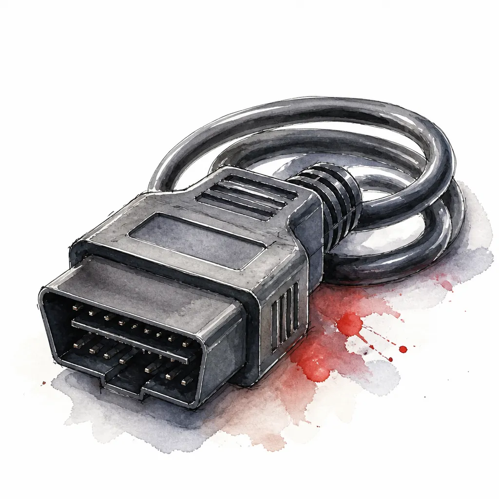 Watercolour close-up of a diagnostic connector plug with a coil of thick black cable.