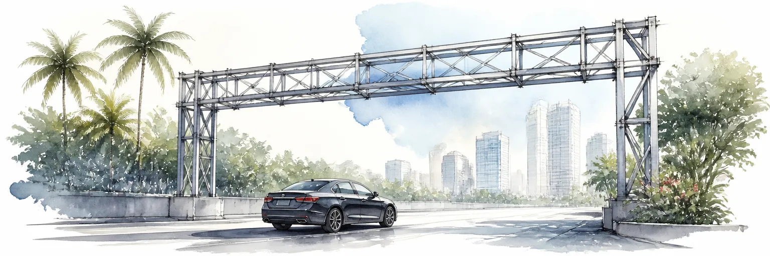 Watercolour illustration of a dark saloon passing beneath a bare steel road gantry on a bright morning.