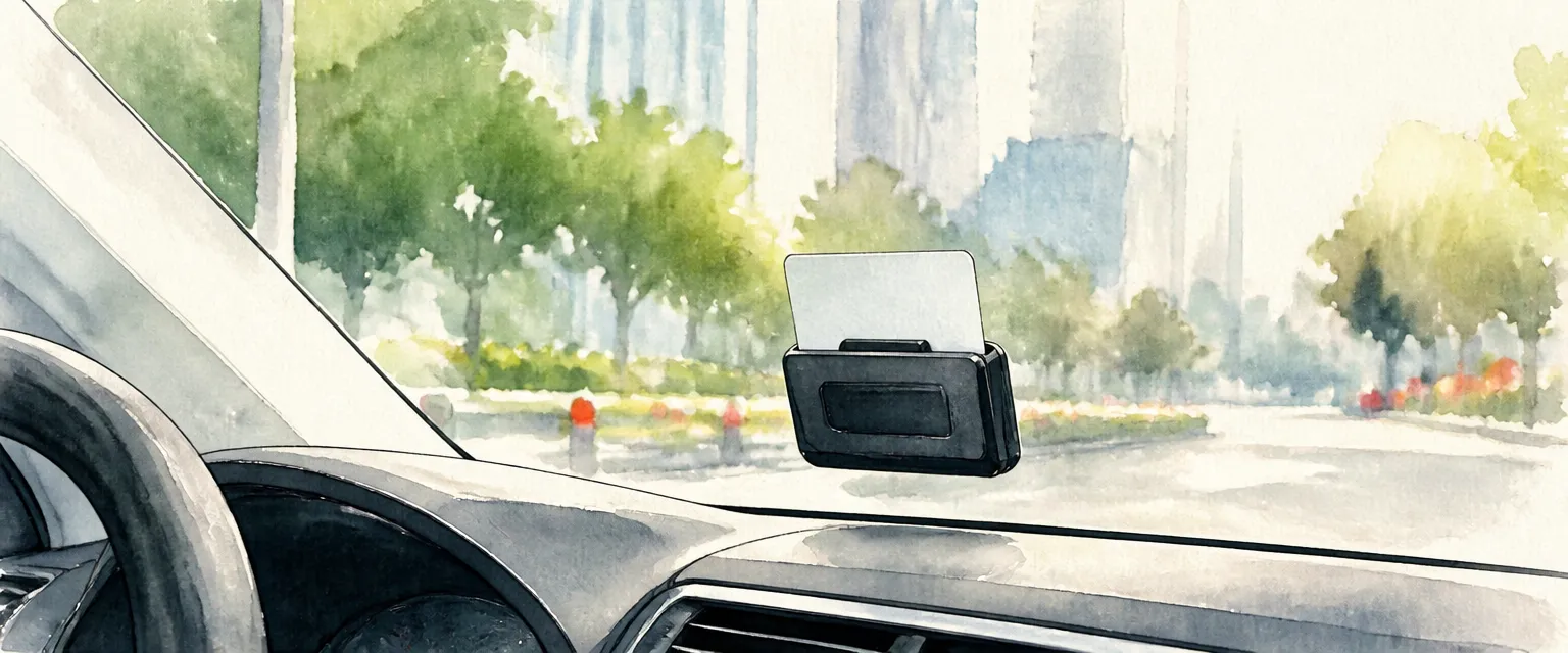 Watercolour illustration of an in-vehicle unit with a stored value card mounted on a windscreen above a bright street.