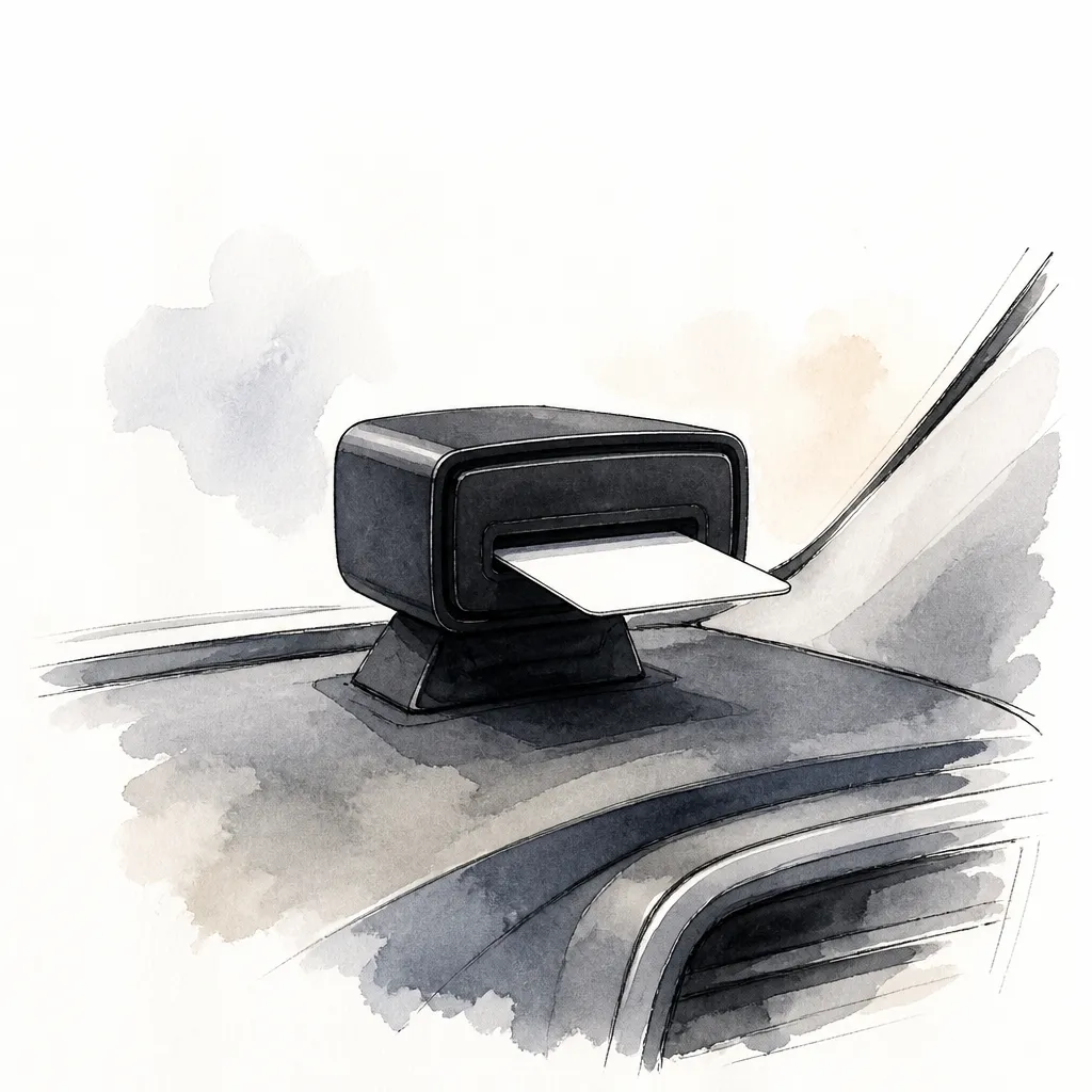 Watercolour close-up of a small dashboard unit with a blank stored value card half inserted.
