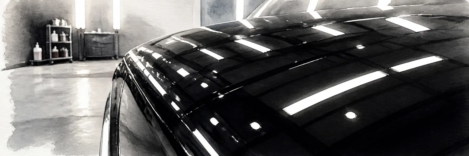 Watercolour close-up of a finished black panel reflecting workshop lamps like still water.