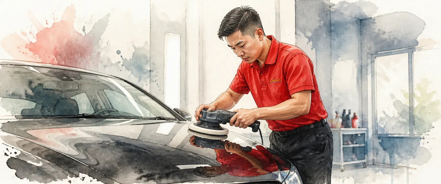 Watercolour illustration of a technician in a red polo shirt making a slow finishing pass on a black bonnet with a soft pad.