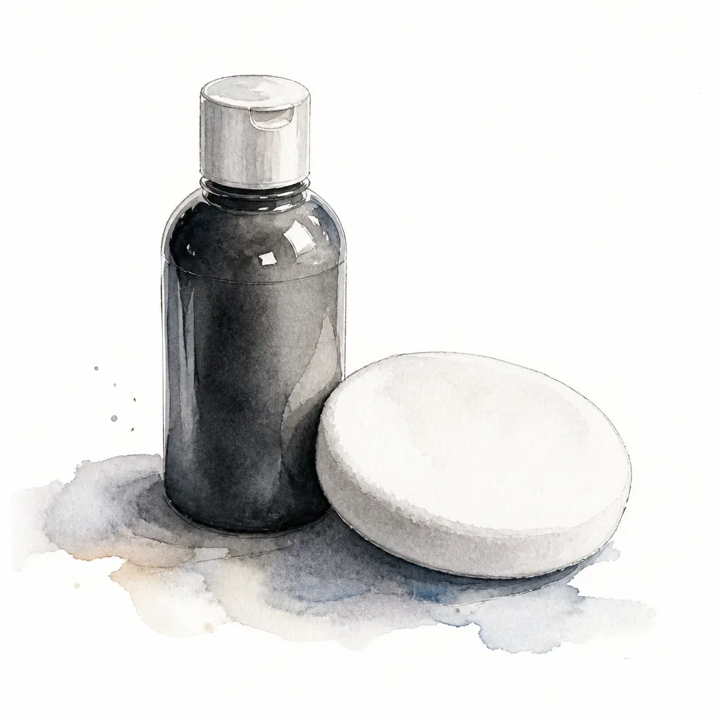 Watercolour close-up of a white foam finishing pad beside a bottle of fine polish.