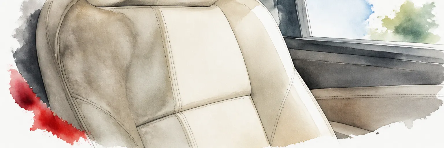 Watercolour close-up of a cream leather seat mid clean with the treated area reading richer than the grimy grain beside it.