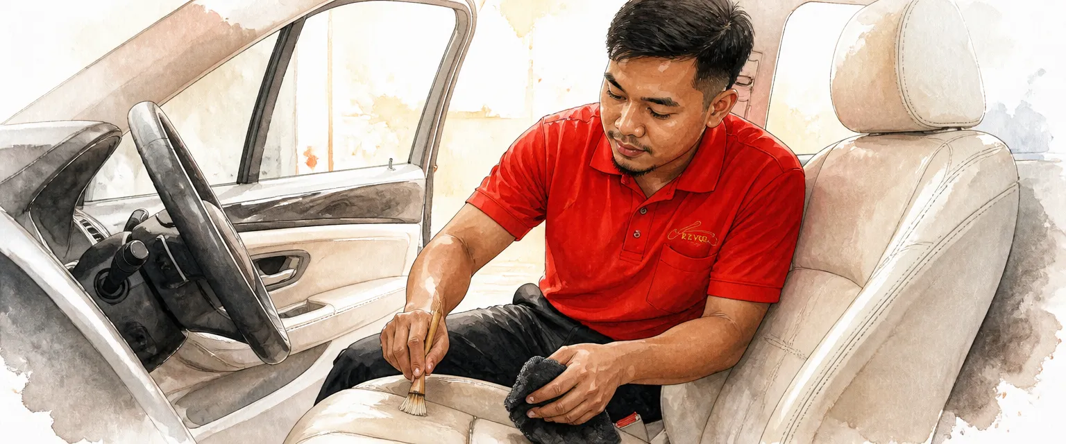 Watercolour illustration of a technician in a red polo shirt cleaning a cream leather seat with a soft brush.