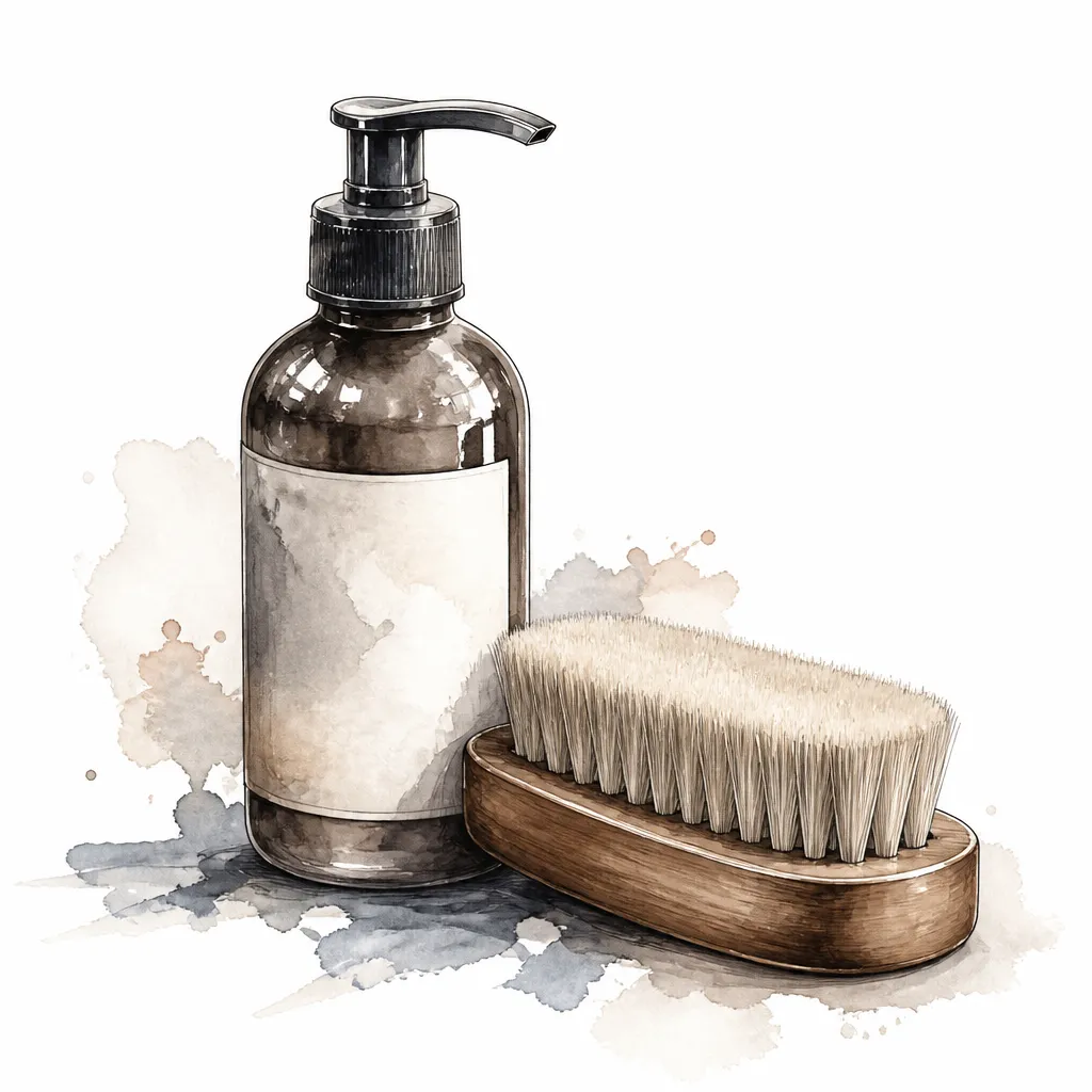 Watercolour close-up of a pump bottle of leather cleaner beside a horsehair brush.