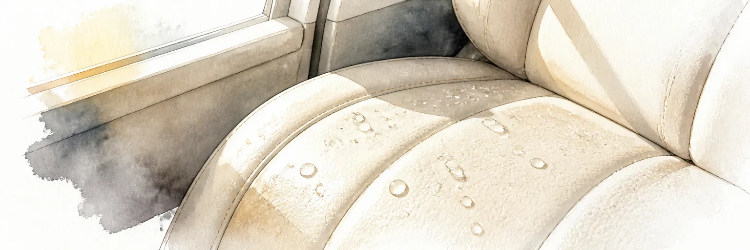 Watercolour close-up of water droplets beading on the coated grain of a pale cream leather seat.