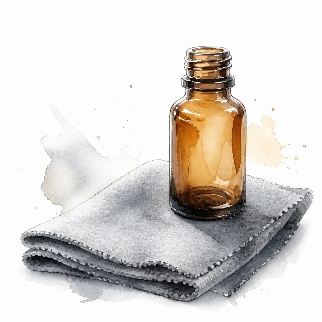 Watercolour close-up of an amber coating bottle resting on a folded suede cloth.