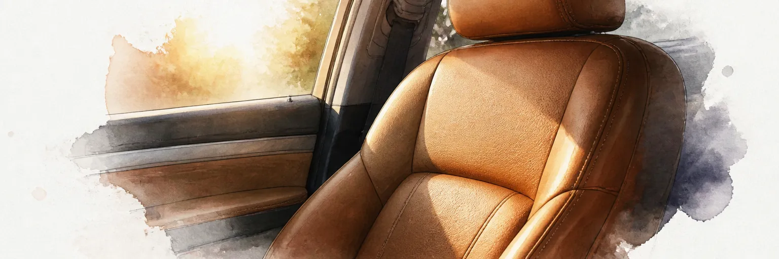 Watercolour close-up of a supple tan leather car seat glowing in warm afternoon light.