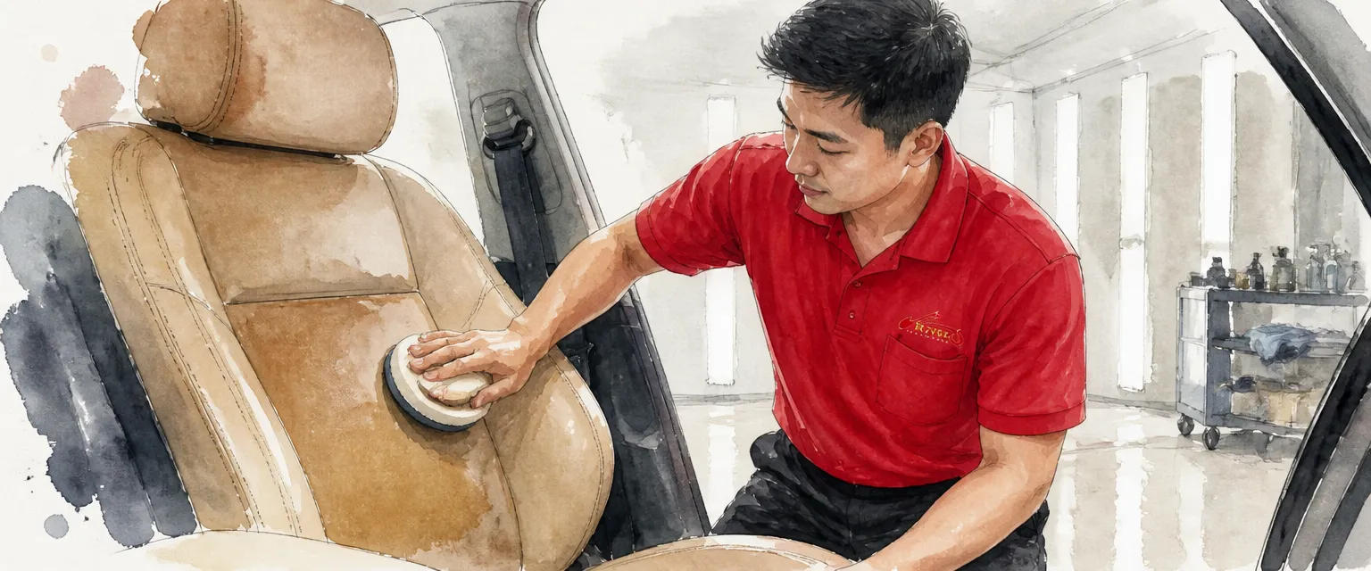 Watercolour illustration of a technician in a red polo shirt massaging conditioner into a tan leather seat with a round pad.