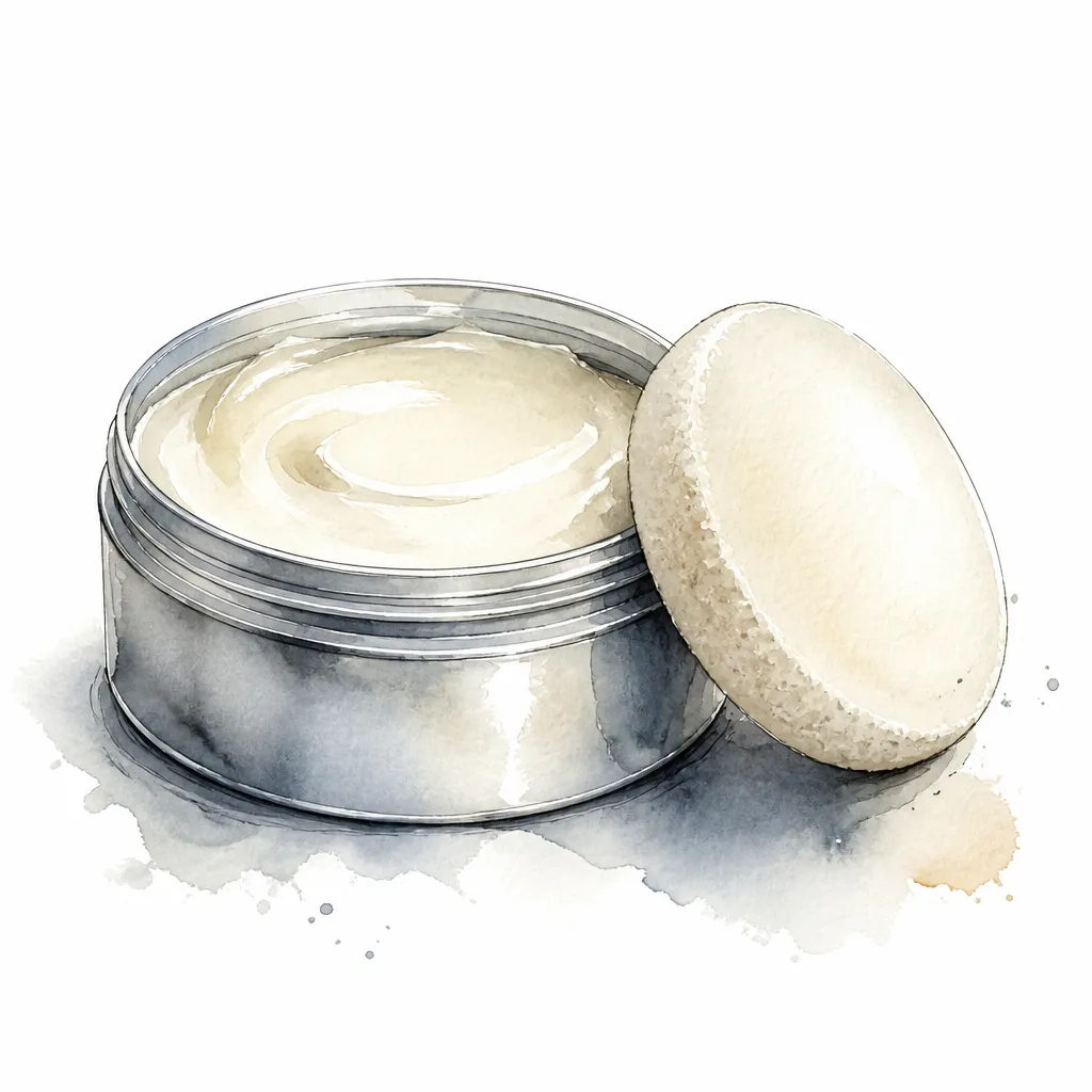 Watercolour close-up of an open tin of leather conditioner with a round applicator pad.