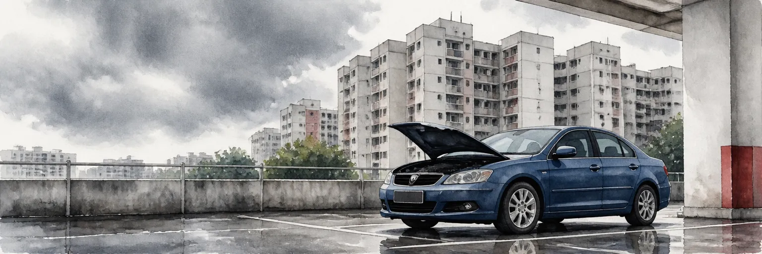 Watercolour illustration of a saloon at an HDB carpark with its bonnet propped open under a grey sky.