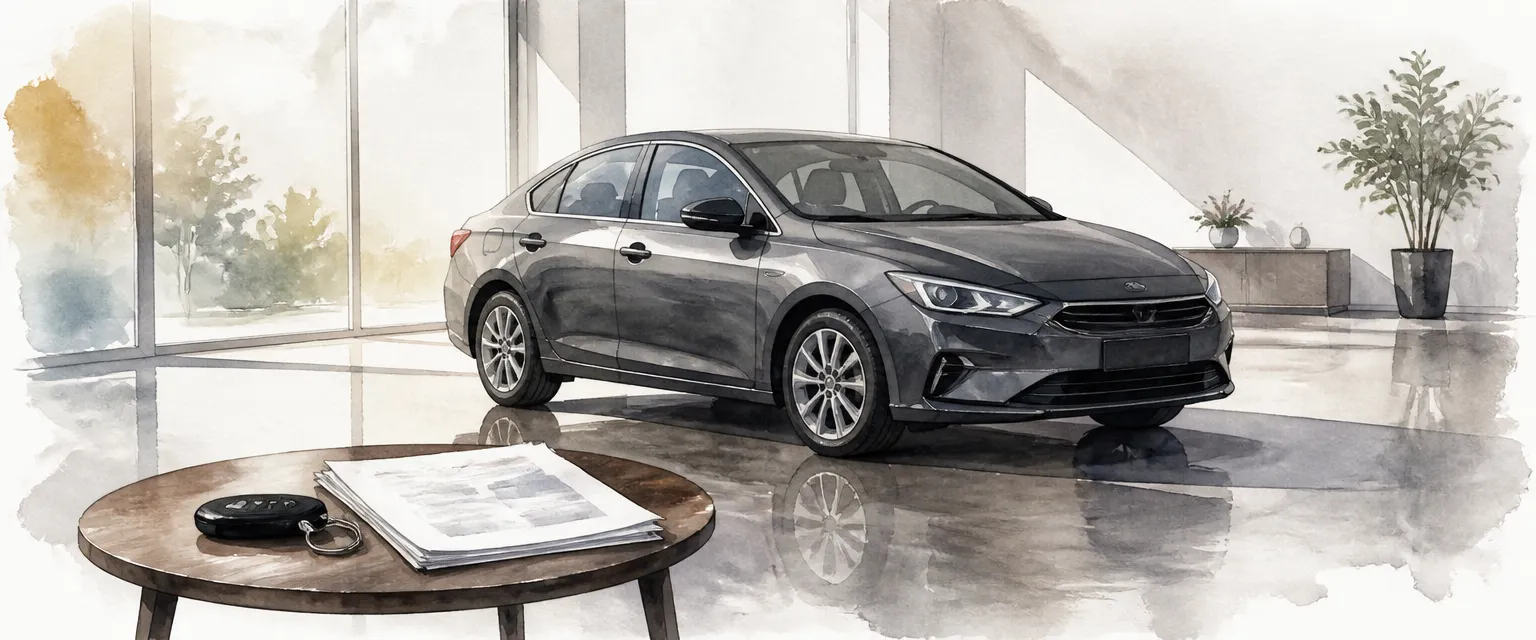 Watercolour illustration of a used saloon in a quiet dealership hall beside a table holding car keys and unmarked paperwork.