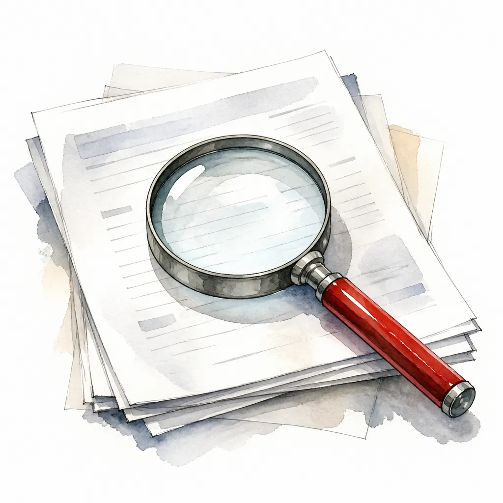 Watercolour close-up of a magnifying glass resting on unmarked paperwork.