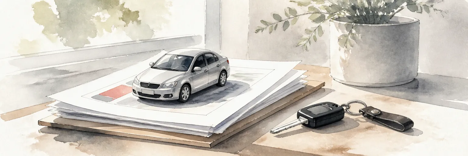 Watercolour illustration of a toy scale car resting on unmarked documents beside a car key on a desk.