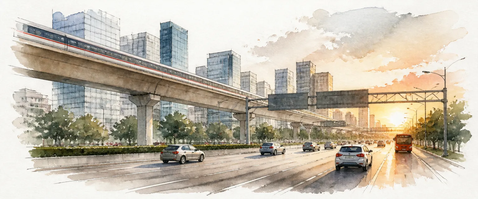 Watercolour illustration of a Singapore road at golden hour with cars and a bus passing beneath an elevated train line.
