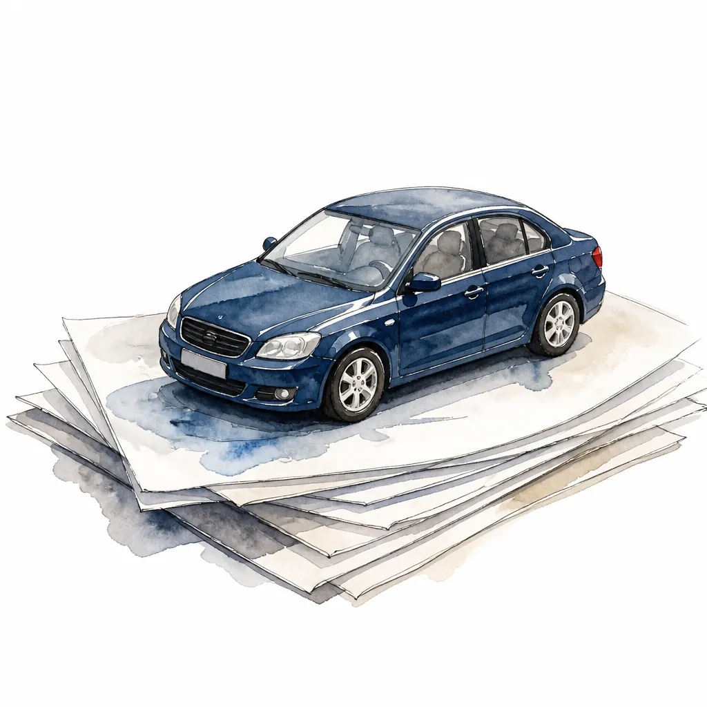 Watercolour close-up of a small toy scale car standing on a stack of unmarked papers.