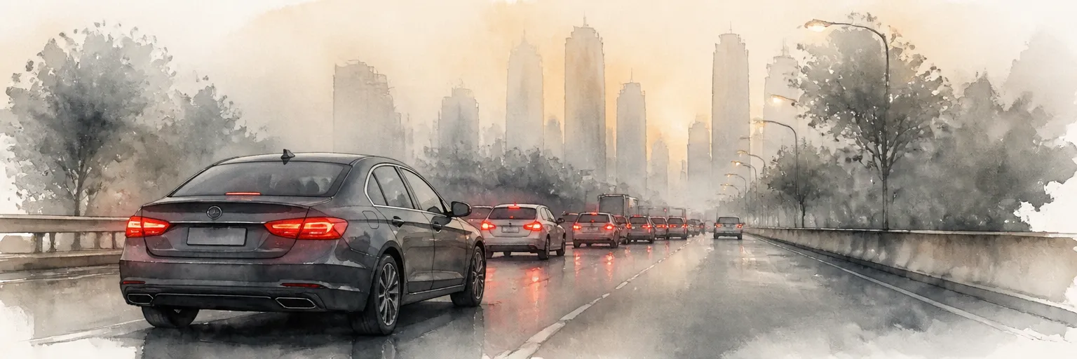 Watercolour illustration of a saloon waiting in slow hazy evening traffic on a Singapore road.