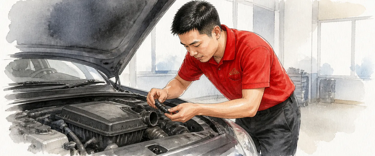 Watercolour illustration of a technician removing an airflow sensor from the intake duct of a saloon in a workshop.