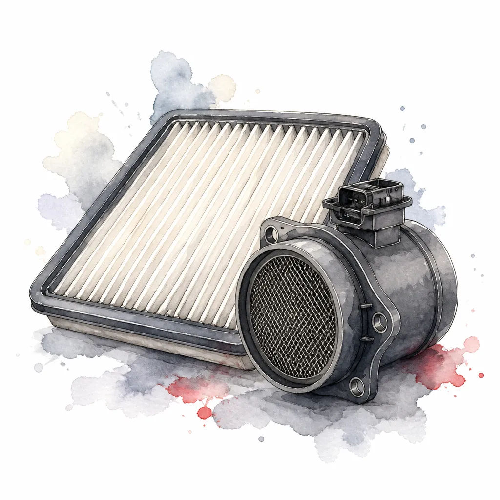 Watercolour close-up of a mass airflow sensor beside a pleated engine air filter.