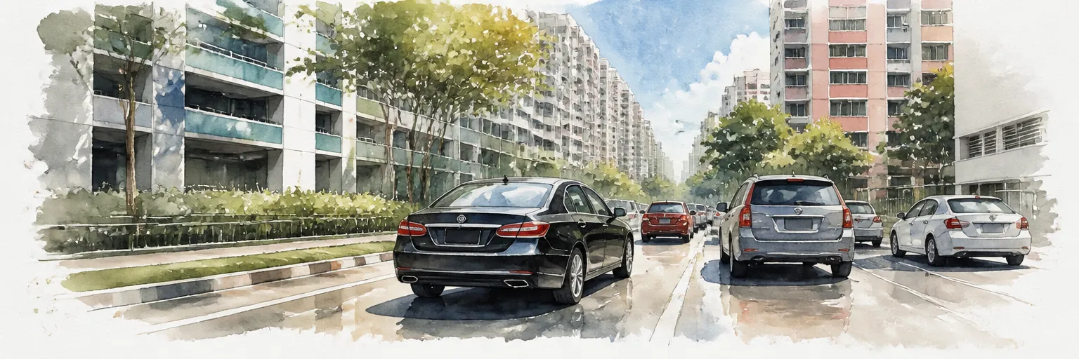 Watercolour illustration of a saloon in slow midday traffic between HDB blocks under a hot sun.