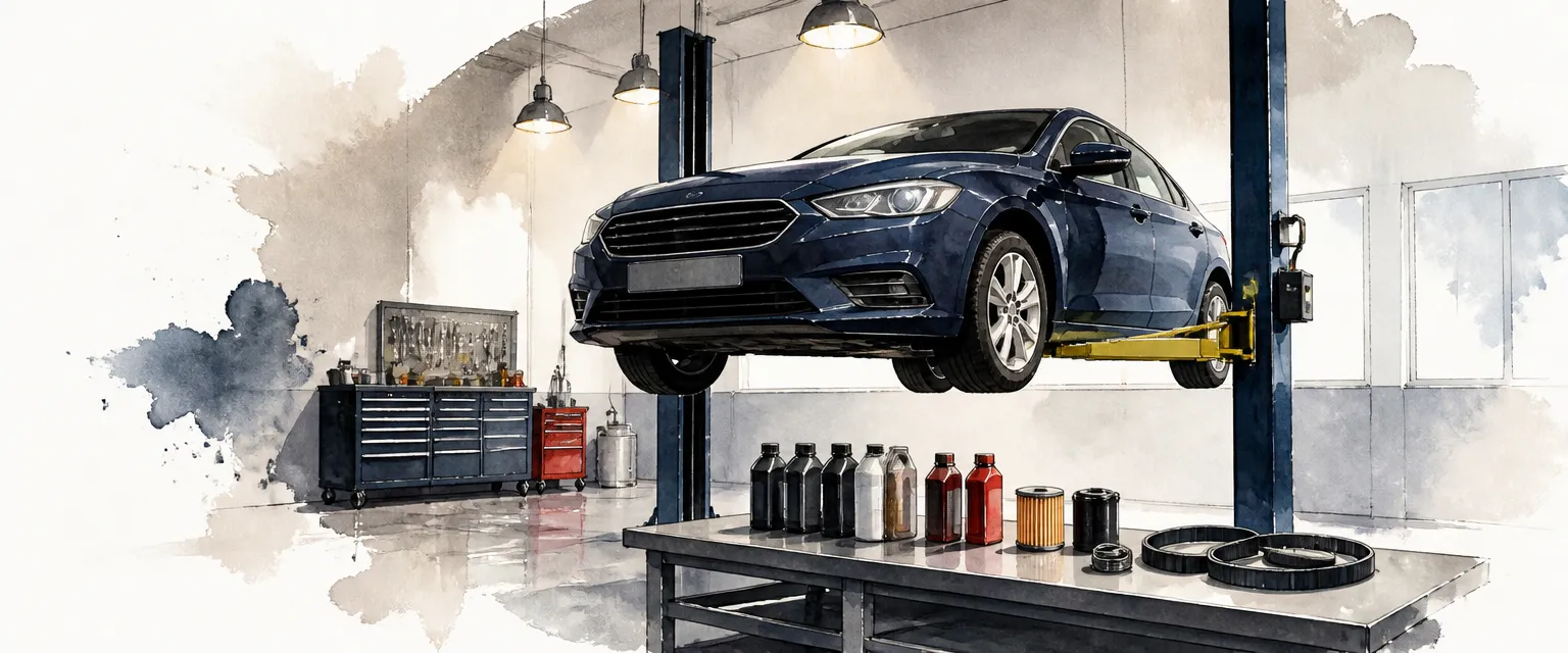 Watercolour illustration of a saloon on a workshop lift above a bench laid out with service parts and fluids.