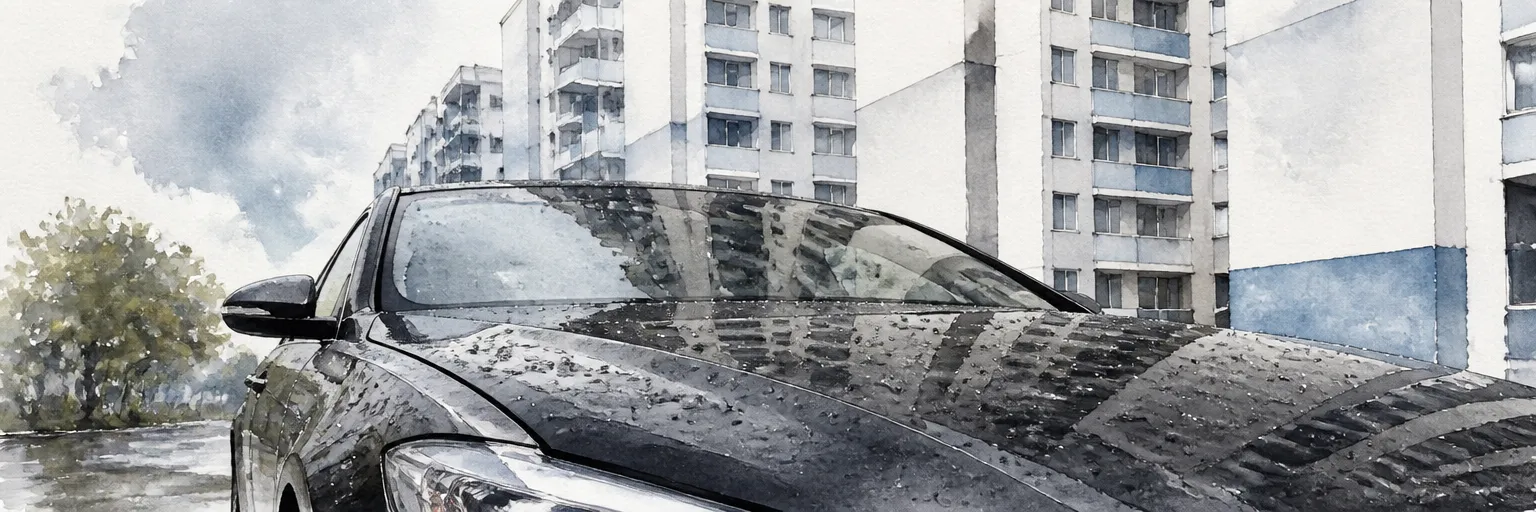 Watercolour illustration of rain beading on the bonnet of a coated black car parked under HDB blocks.