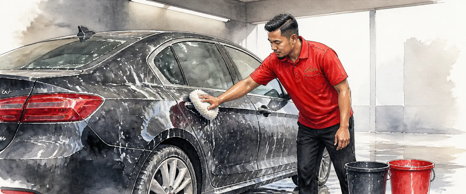 Watercolour illustration of a technician washing a coated saloon with a plush mitt beside two wash buckets.