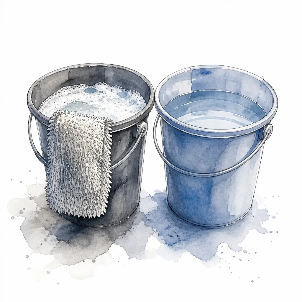 Watercolour close-up of two wash buckets with a plush wash mitt draped over one rim.