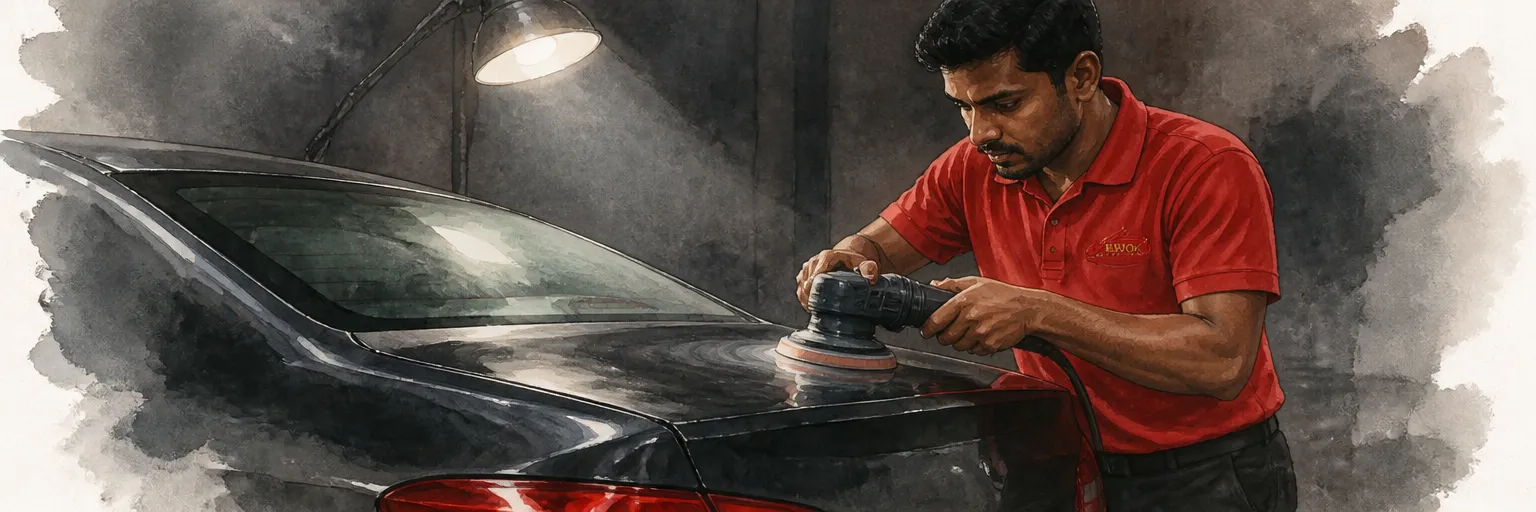Watercolour illustration of a technician polishing a hazy boot lid back to gloss under a focused lamp.