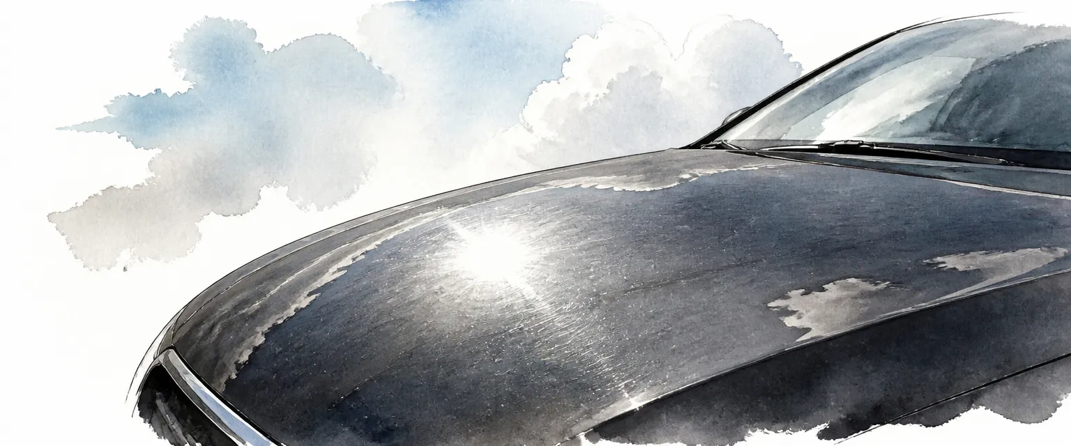 Watercolour close-up of hazy shallow scuffing dulling the reflection on a black bonnet in hard sunlight.