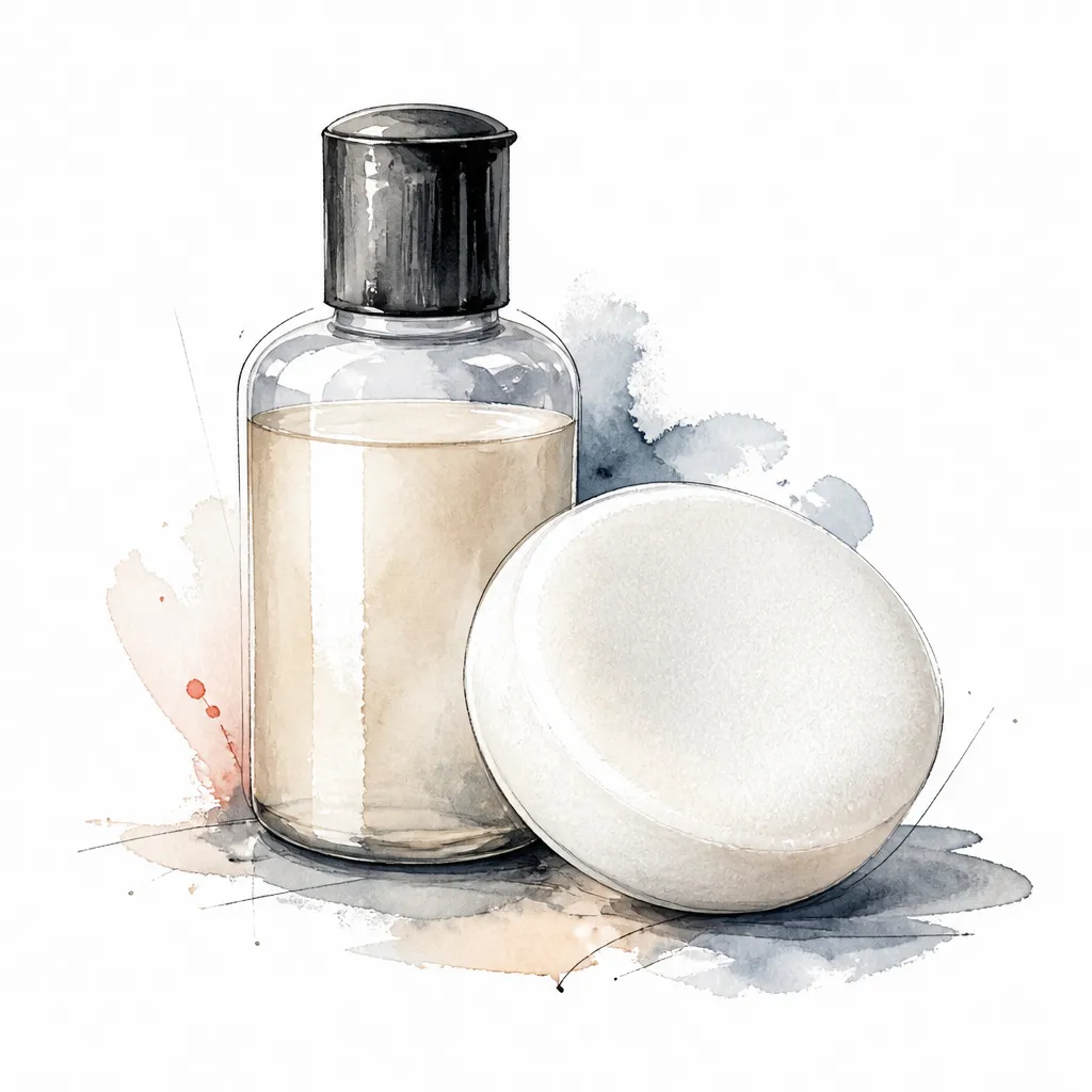 Watercolour close-up of a soft finishing pad beside a small bottle of fine polish.