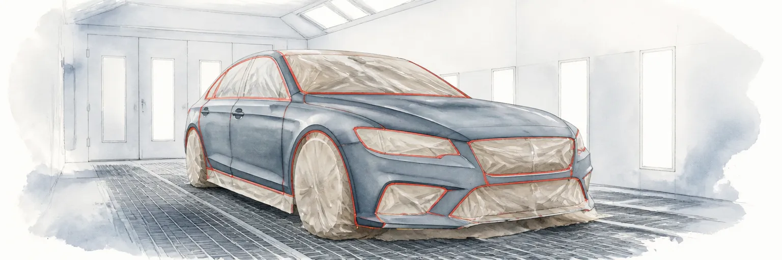 Watercolour illustration of a fully masked car standing ready inside a spray booth.