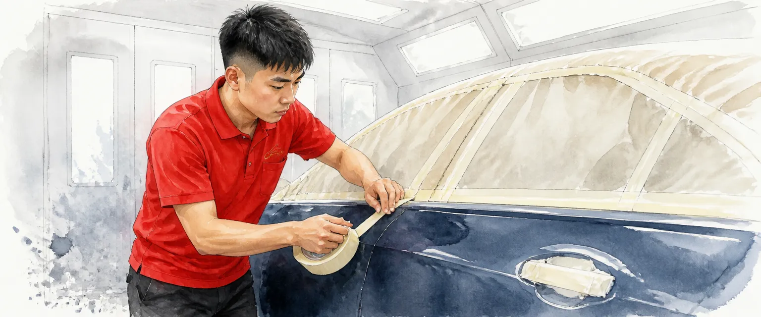 Watercolour illustration of a technician taping the edge of a door panel with the glass and roof already masked.