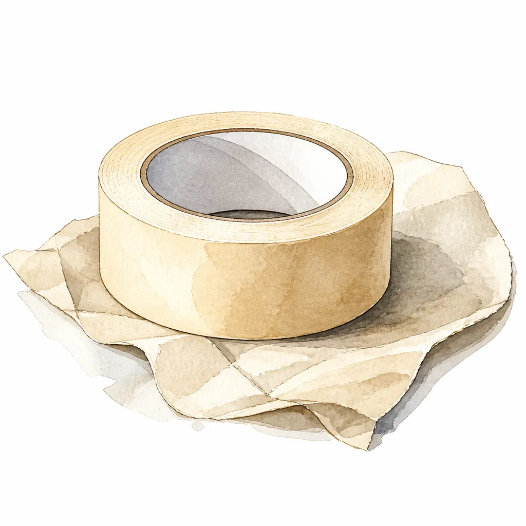 Watercolour close-up of a roll of masking tape resting on folded masking paper.