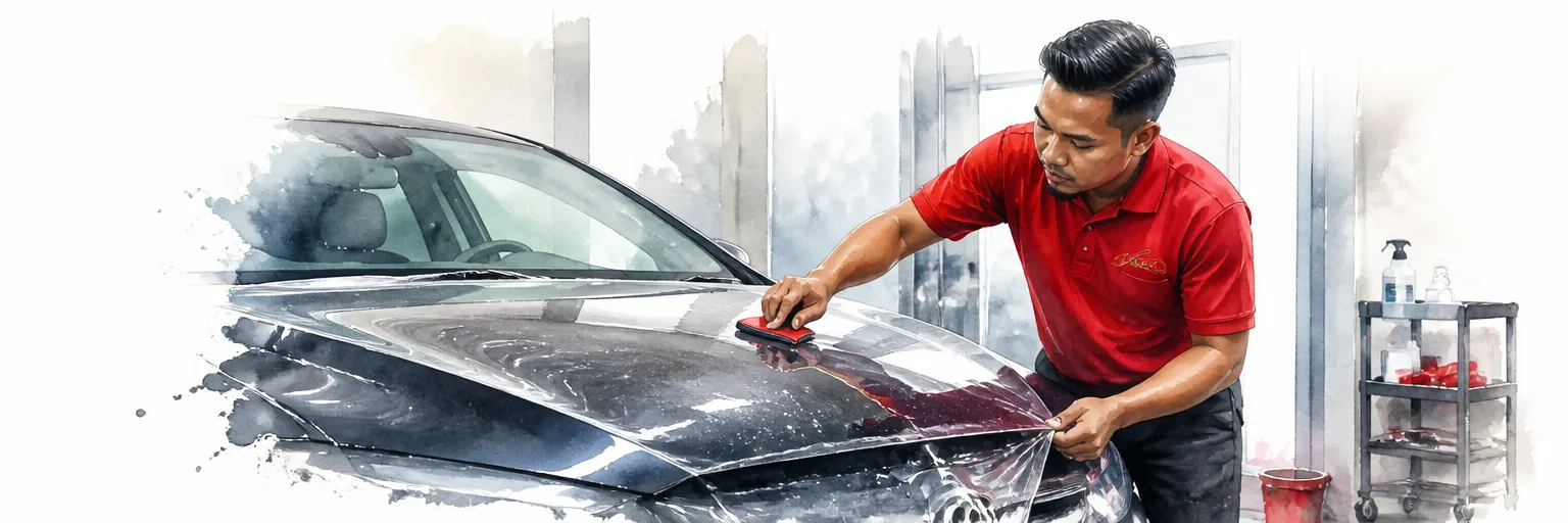 Watercolour illustration of a technician squeegeeing satin film onto a car bonnet in a fitting bay.