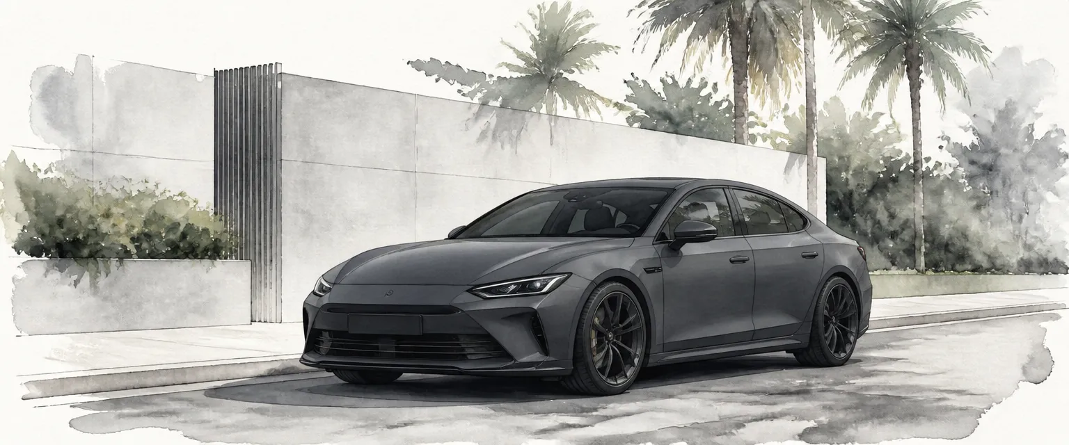 Watercolour illustration of a satin matte charcoal saloon parked on a quiet street in overcast light.