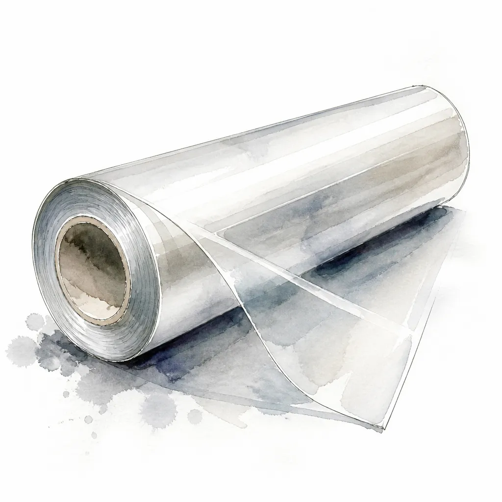 Watercolour close-up of a rolled length of satin matte film with its clear backing lifting.