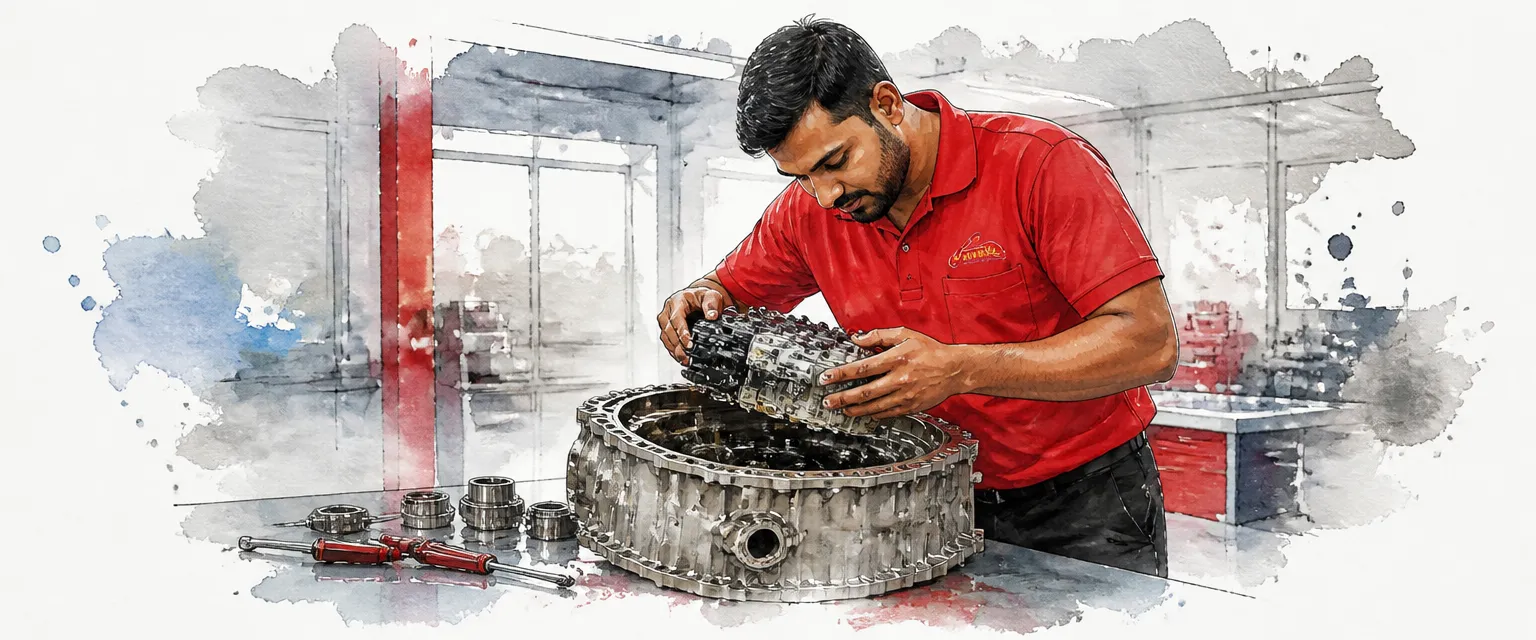 Watercolour illustration of a technician lifting the control unit out of an opened gearbox on a workshop bench.