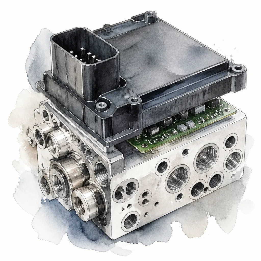 Watercolour close-up of a transmission control module with hydraulic ports and a circuit board edge.