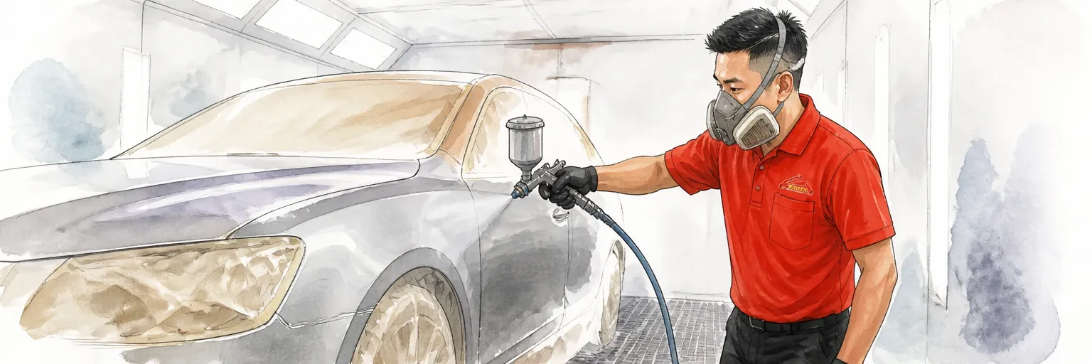 Watercolour illustration of a technician spraying silver base coat along a masked wing in a booth.