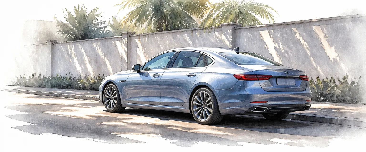 Watercolour illustration of sunlight sparkling across the metallic flank of a parked saloon.