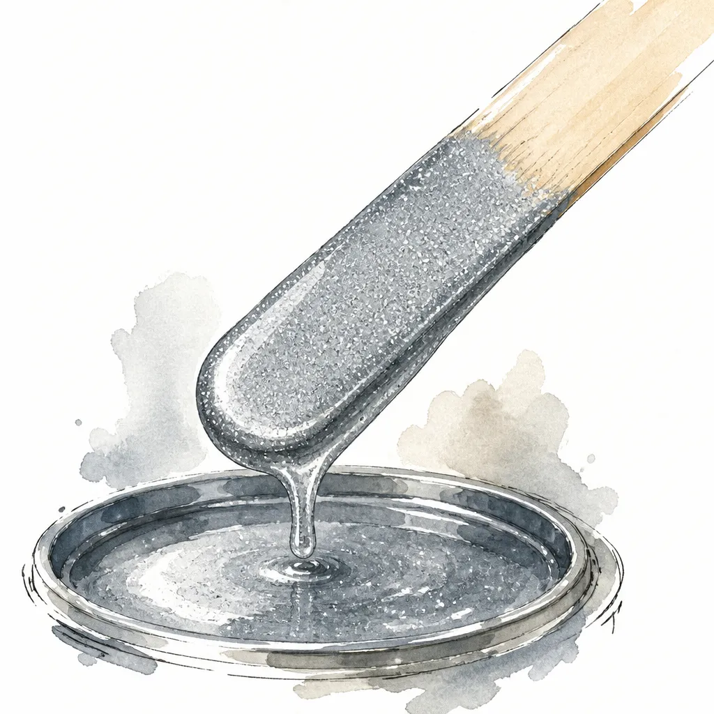 Watercolour close-up of a stirring stick coated in sparkling silver metallic paint.